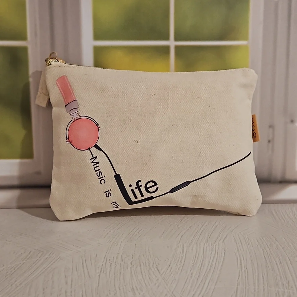 'Music is my life' mic graphic make up travel bag concert festival clutch NWT